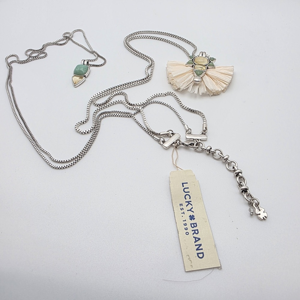 New! LUCKY‎ BRAND Necklace Removable Layer White Green Jade  Silver Tone 26-36"